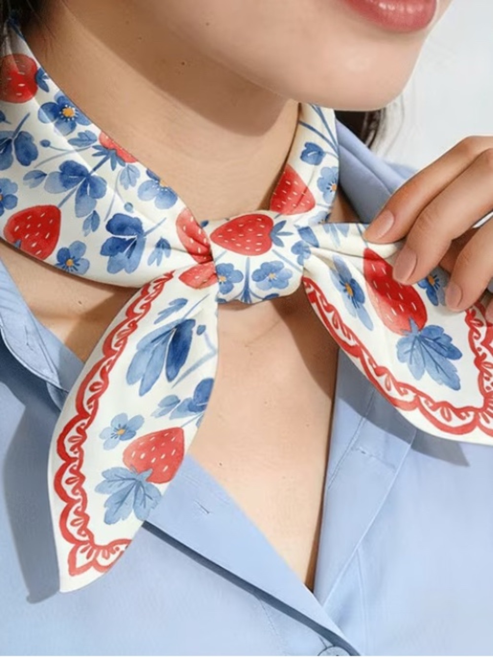 Strawberry Floral Print Scarf Red, White & Blue